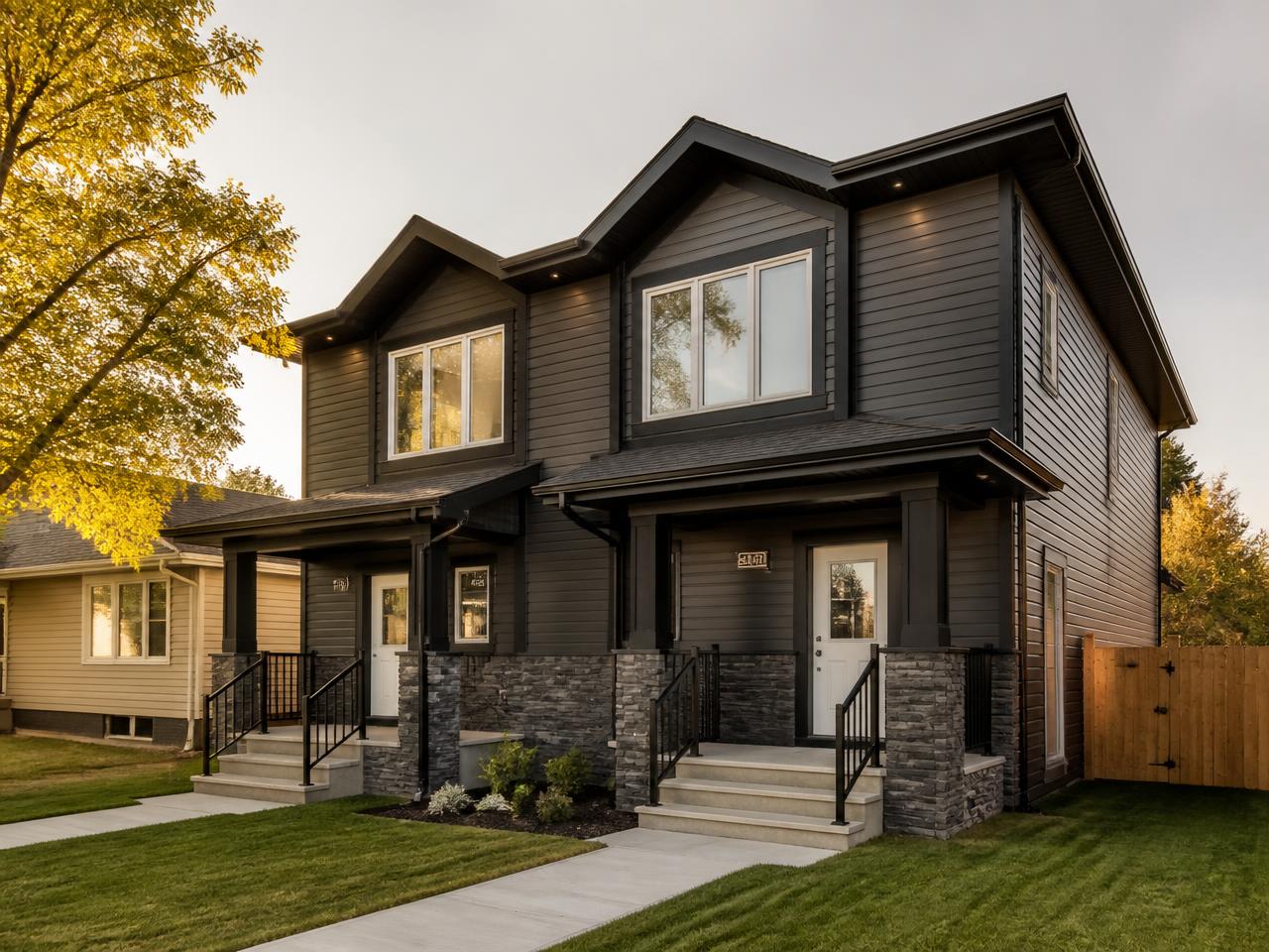 Modern Saskatoon duplex investment property at golden hour