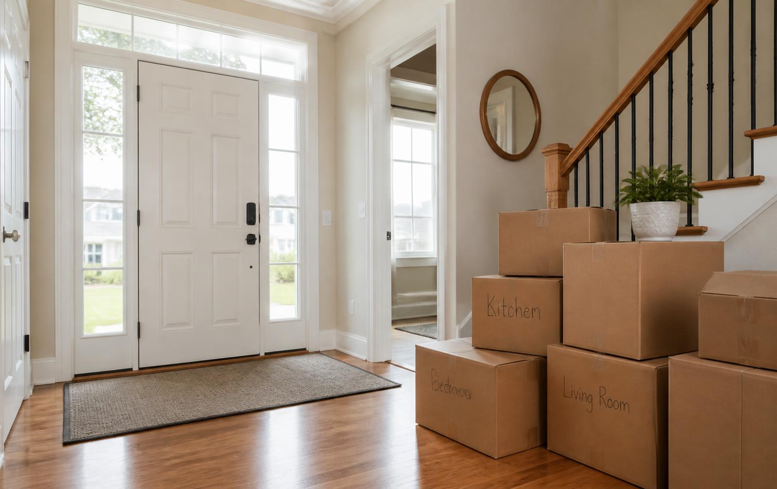 Entryway of a Saskatoon home with moving boxes ready to unpack